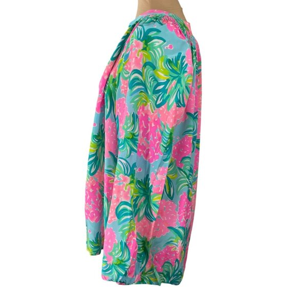 Lilly Pulitzer Elsa Popover Top Silk Size XL Pineapple Shake Pink Green - Picture 2 of 7